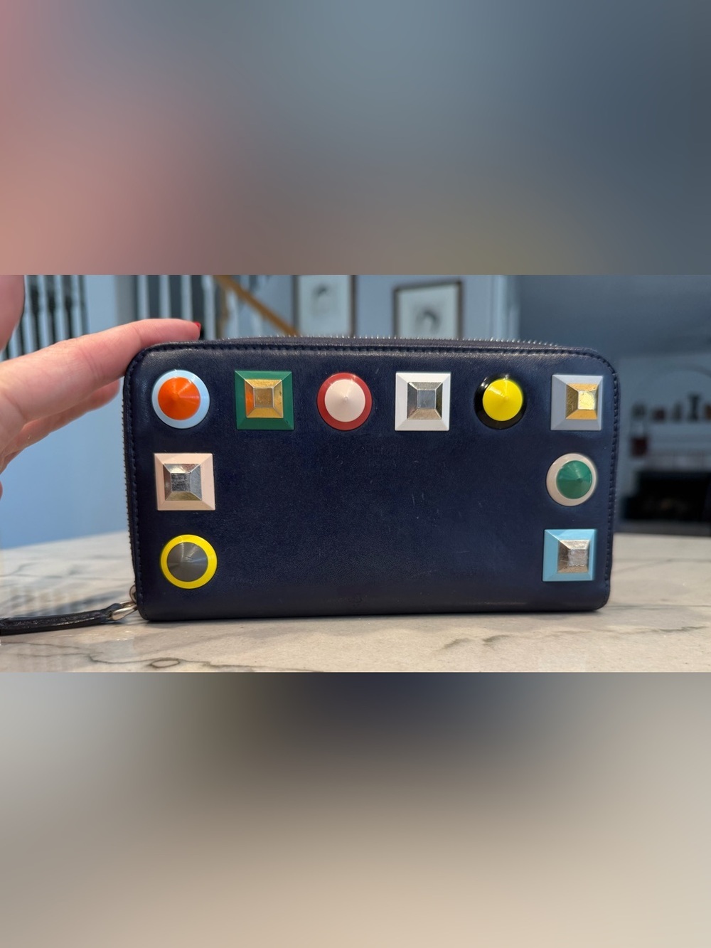 Fendi Navy Blue Long Zip Wallet Multicolor Plexiglass Studs 8M0299 Authenticated